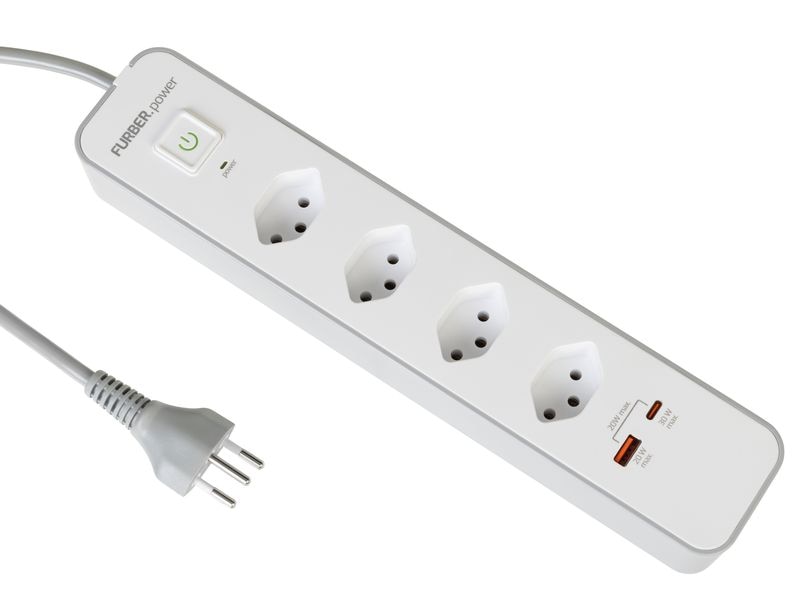 FURBER.power Steckdosenleiste 4 x T13, USB-C, USB-A Steckerleiste mit zwei USB-Anschlüssen