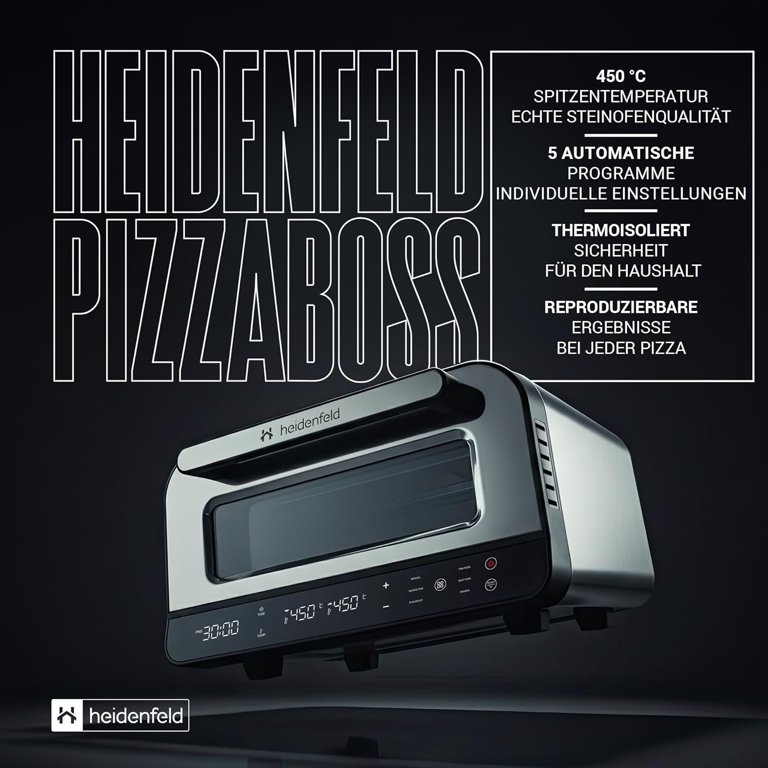 Heidenfeld Pizzaofen | 1850 Watt bis 450°C - Backofen inkl. Pizzastein & Pizzaschieber - Pizzaofen elektrisch - Pizza Ofen - Elektrischer Pizzabackofen - Pizza Maker - Pizzamaker - Steinofen