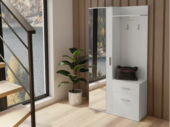 Meuble d'entrée Stanton 103, 195x97x30cm, Miroir, Blanc, Stratifié, À poser