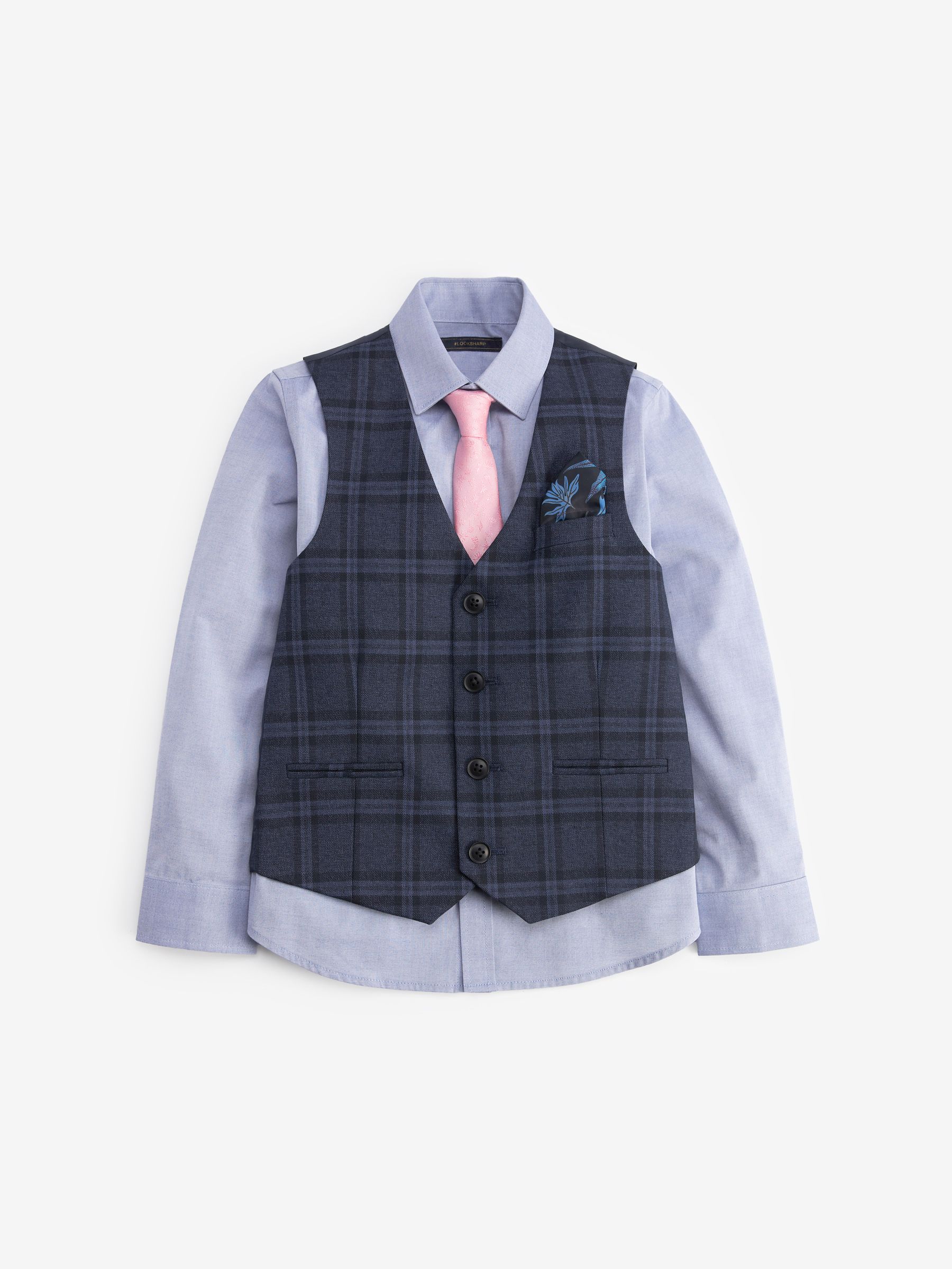 Set van blauw geruit herenvest, blauw overhemd en stropdas - Herenvest (12 mnd-16 jr)