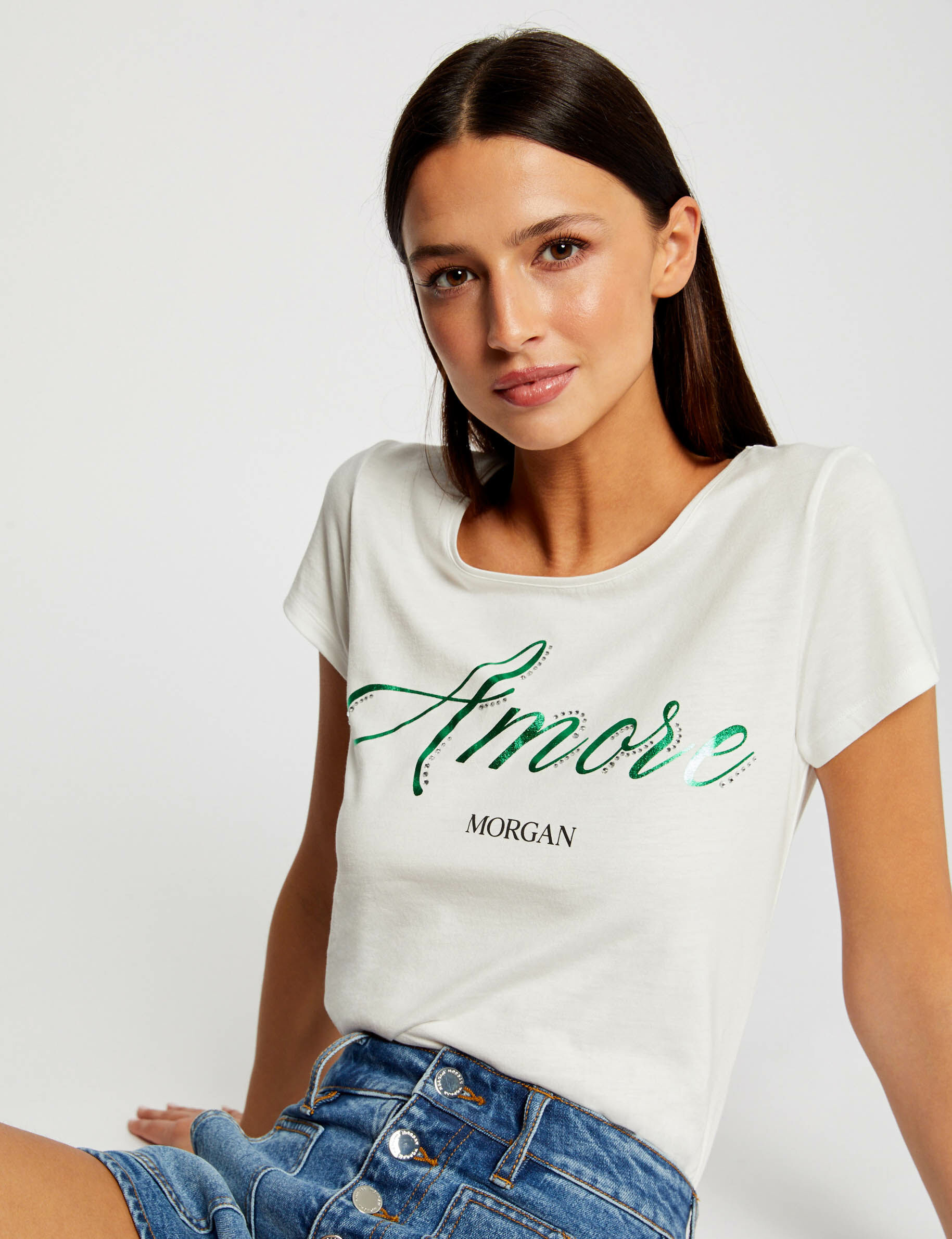 T-shirt manches courtes à inscription ecru femme - ecru