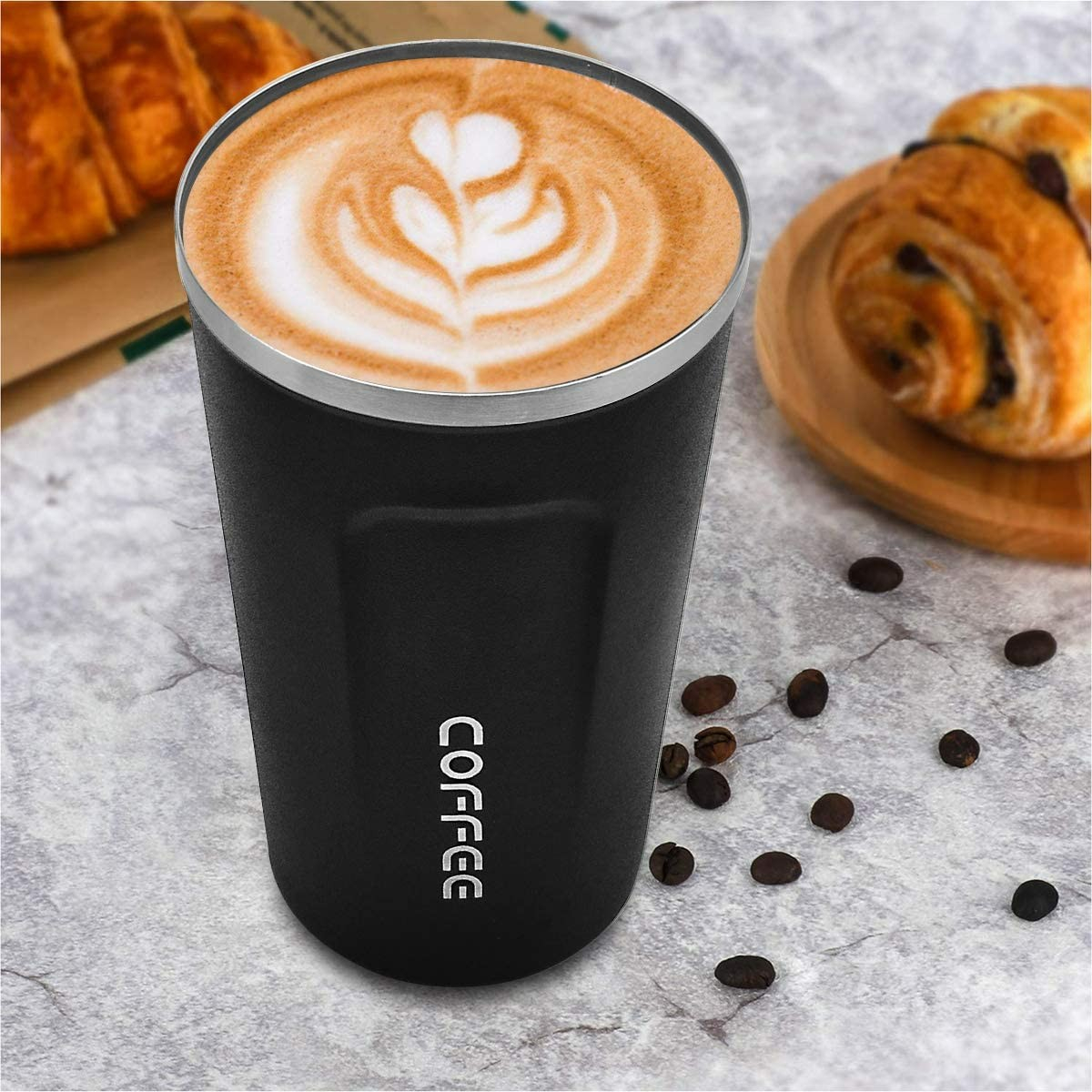(380ml) Edelstahl Thermo Kaffee Becher Thermoskanne Rutschfester Vakuum Behälter - Schwarz
