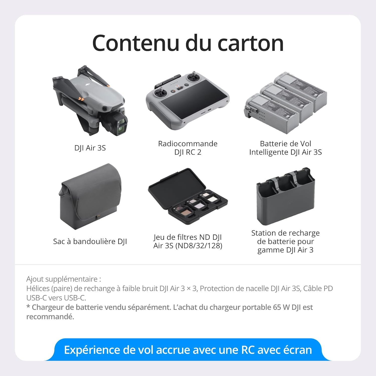 DJI Air 3S (RC-N3), drone avec caméra 4K, drone à double cam avec capteur CMOS grand-angle 1'', vidéo HDR 4K/60 ips et 14 stops de plage dynamique, temps de vol max. de 45 min, transmission sur 20 km