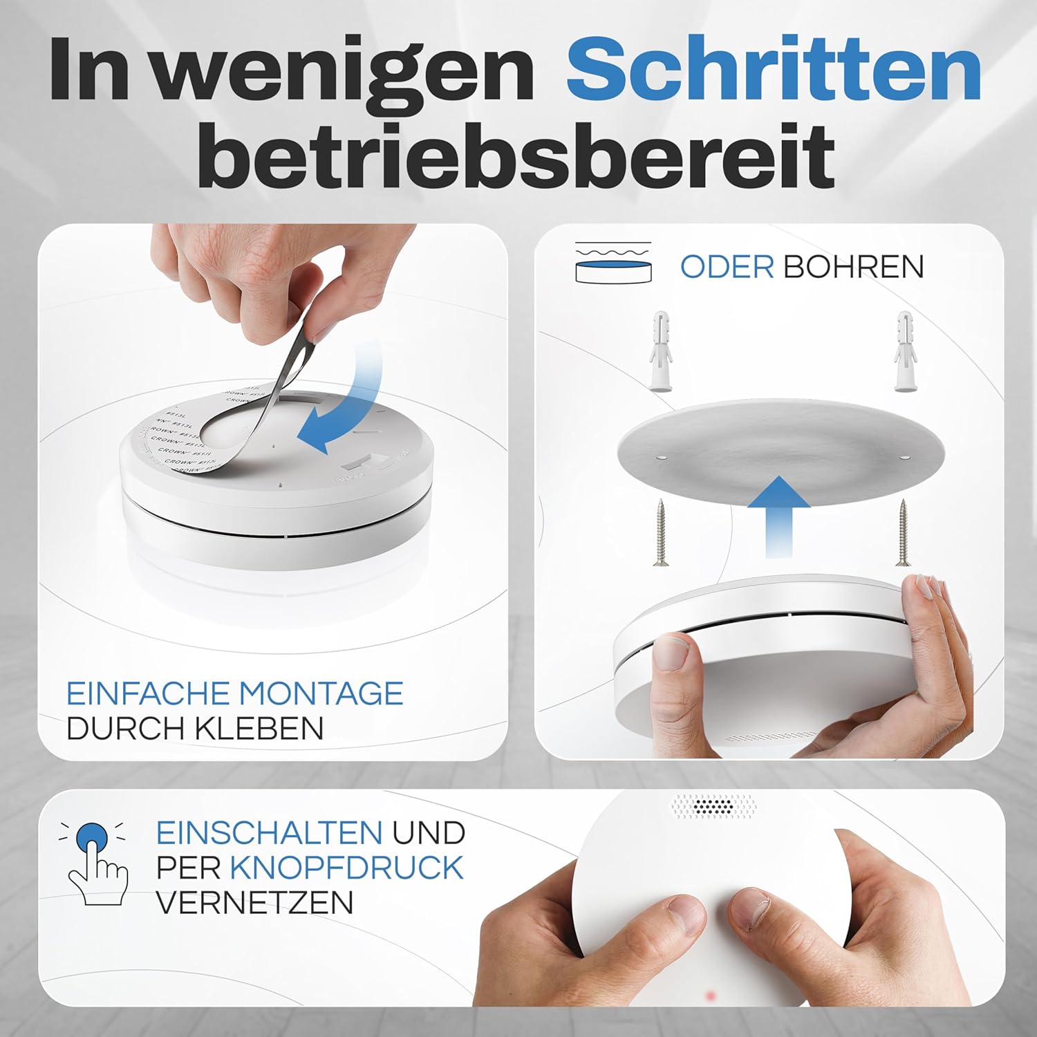 Rauchmelder Funk Vernetzt 10 Jahre Batterie, Rauchwarnmelder & Hitzemelder 2in1, Feuermelder, Brandmelder, Funkrauchmelder Vernetzbar | Ohne Bohren, Ohne LED Blinken 10er Set