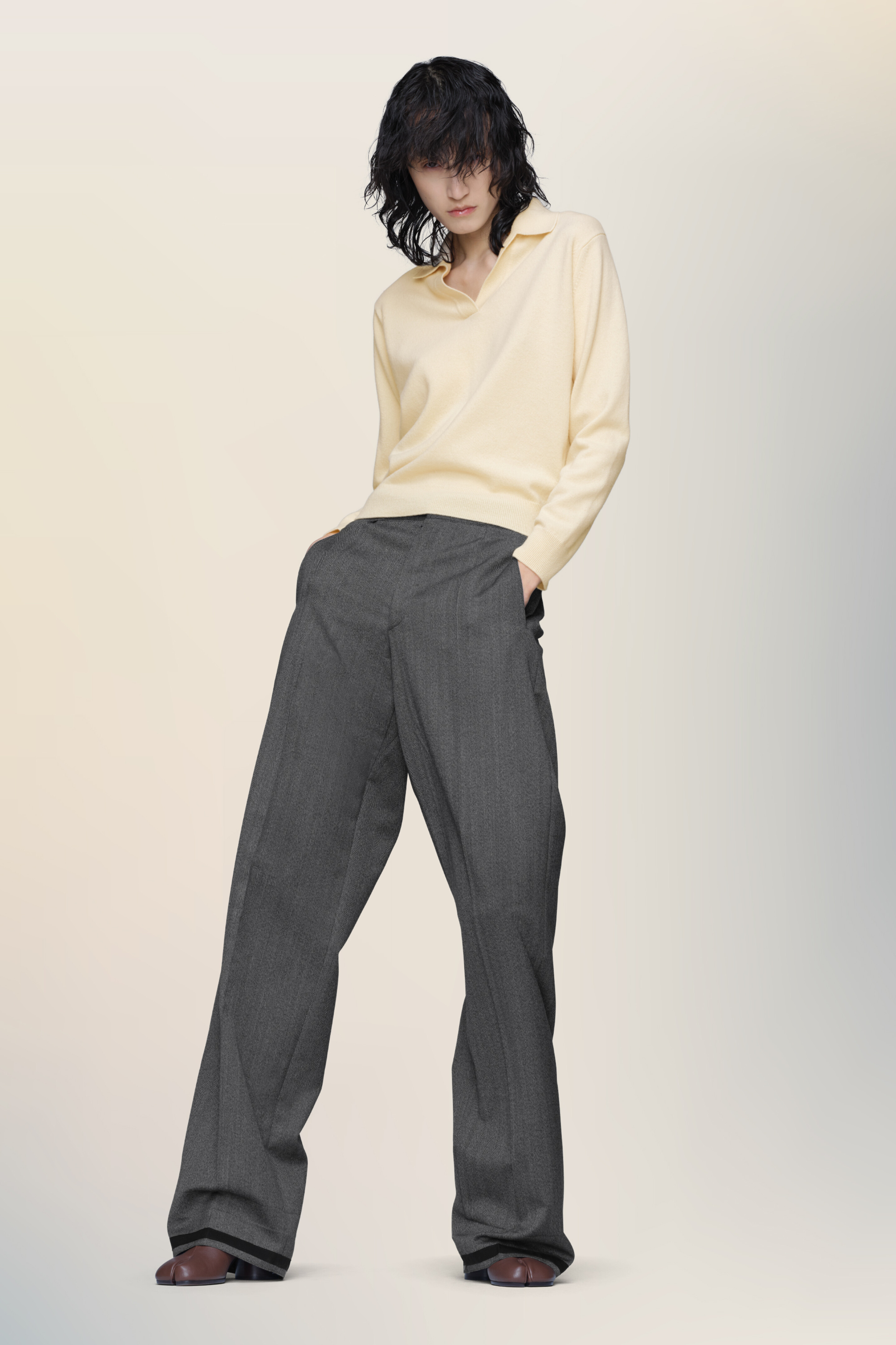 Polo en maille jaune en laine pour femme Crème