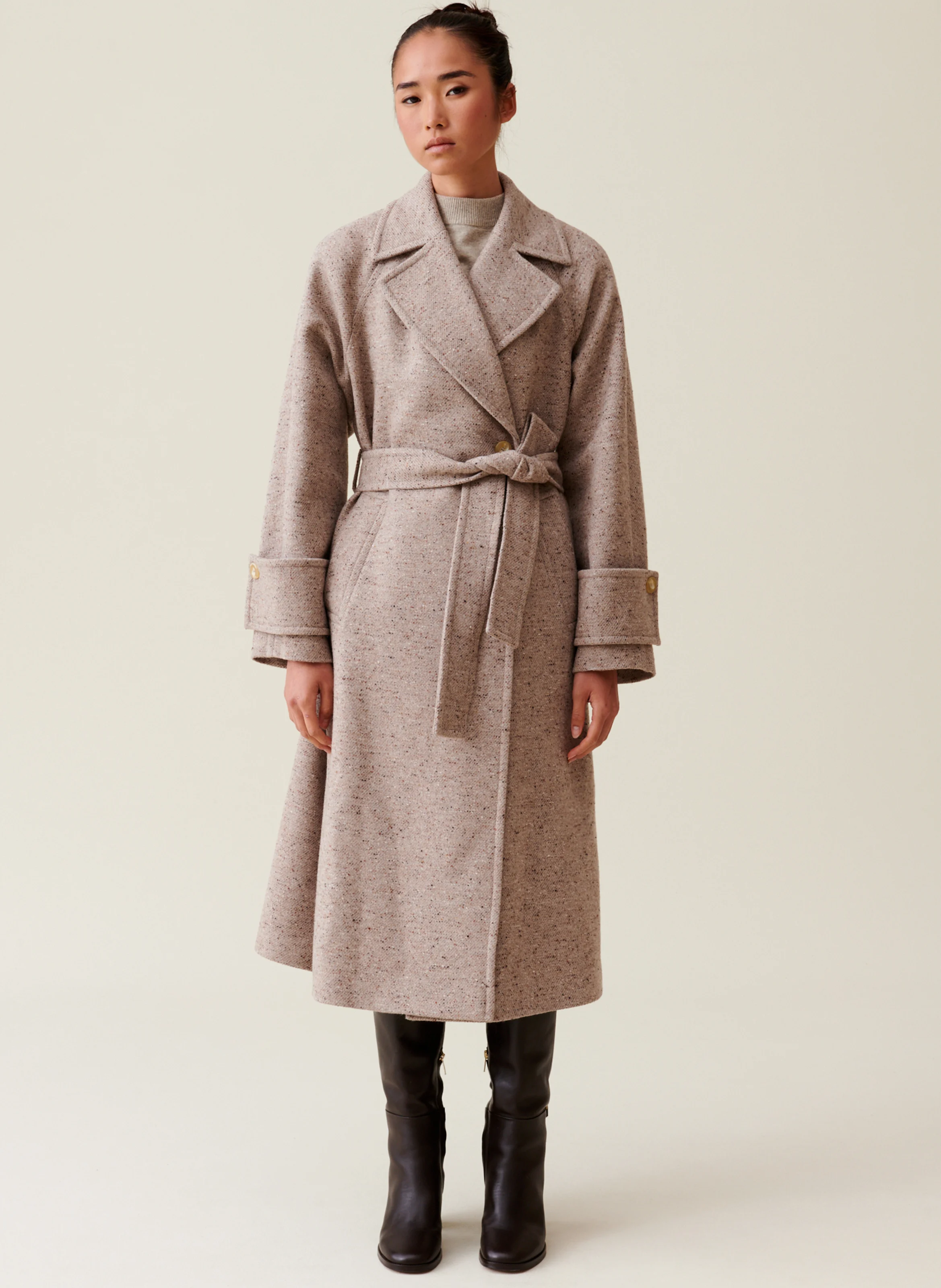 Manteau long col tailleur | Beige