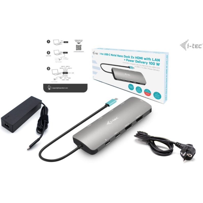 i-tec Metal USB-C Nano 2x Display Docking Station with PD 100 W + Charger 100W