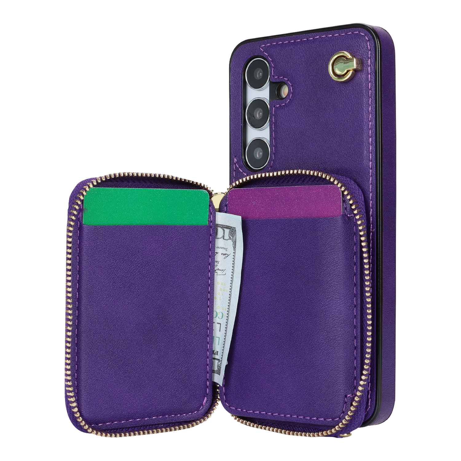 Samsung Galaxy S24 Necklace Leder Schutz Hülle mit Kartenfächer   Handykette (140cm) - Violett