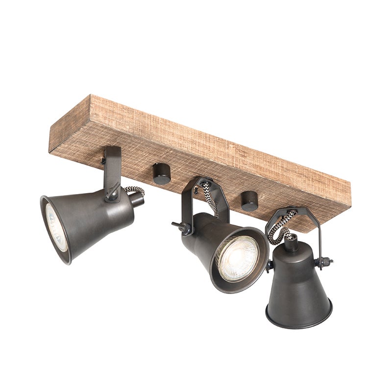 Plafondlamp in landelijke stijl, zwart met hout, 3-lichts - Jelle