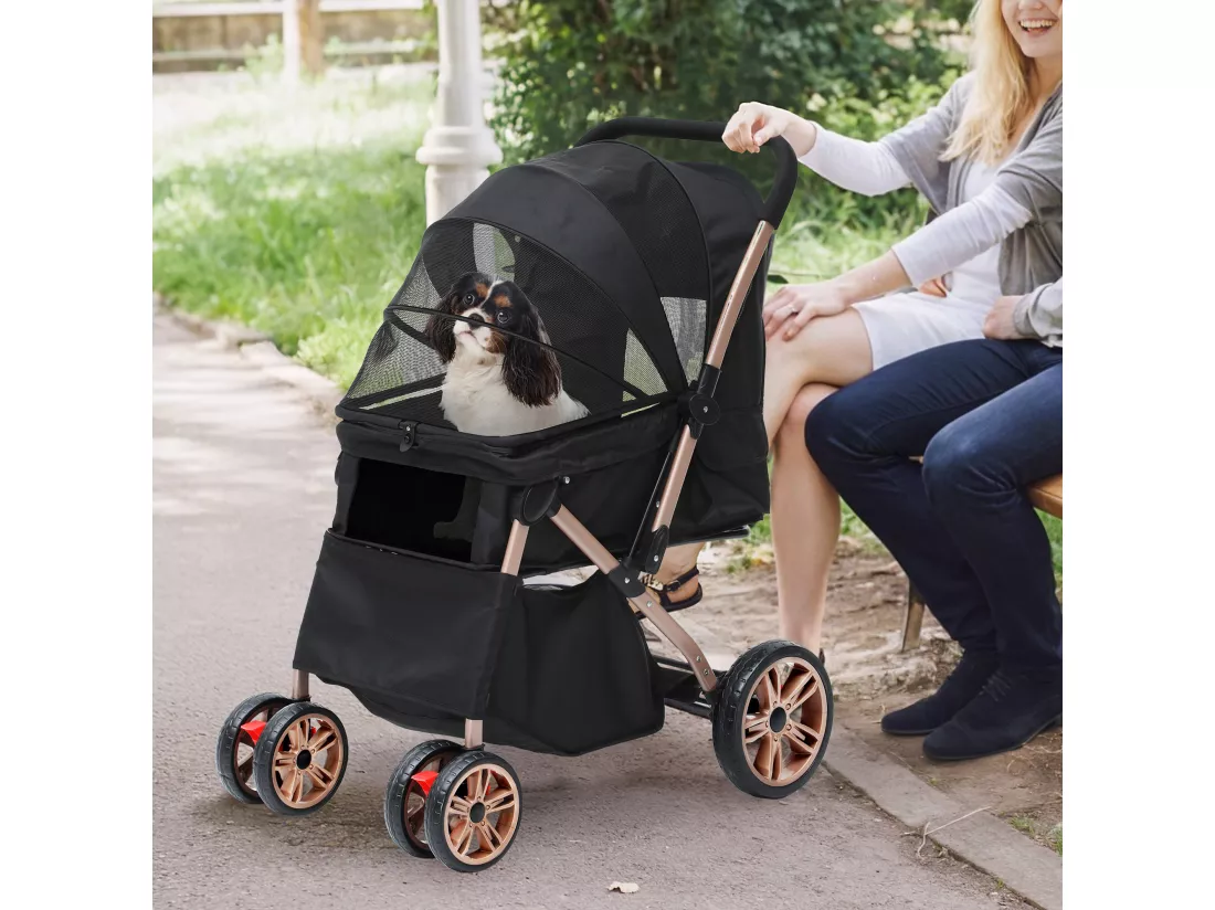 YITAHOME Poussette pour Chien Chat - avec Panier de Rangement - 4 Roulettes - Pliable - Noir