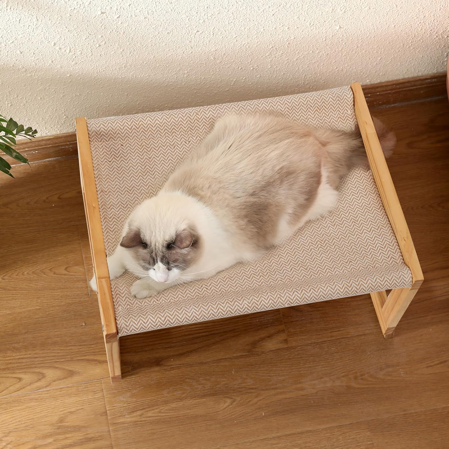 (52x42cm) Holz Katzen Hängematte Erhöhtes Haustier Bett Hunde Hängeliege - Beige