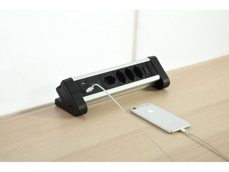 Schönenberger Tischsteckdosenleiste Alu 4× T13, 1x USB-C, 2 Alu-Steckdosenleiste mit 20 W USB-C Charger