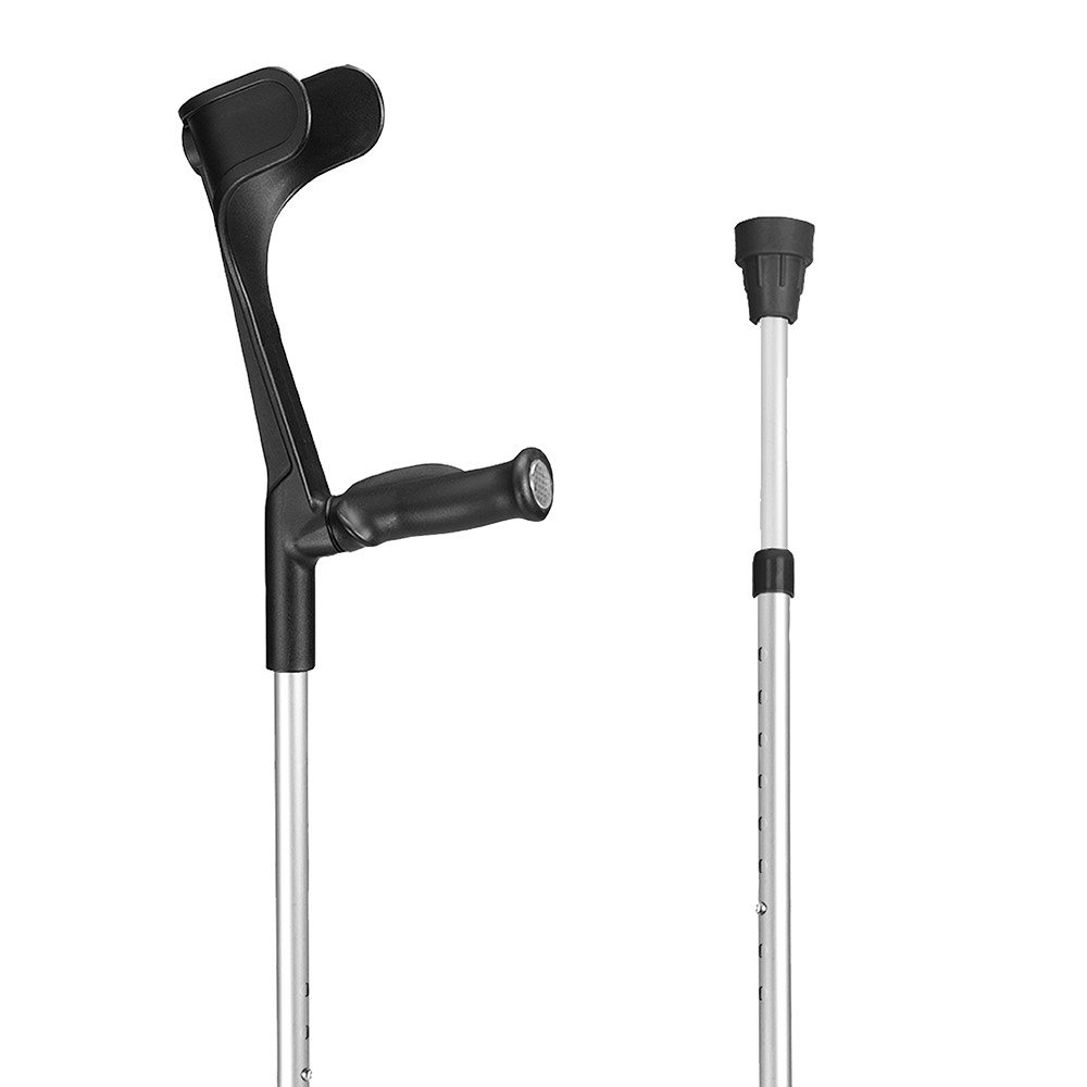 SAHAG Krücken Anatomischer Softgriff 76-96cm alu schwarz -140kg Druckknopf 2 Reflektoren 1 Paar