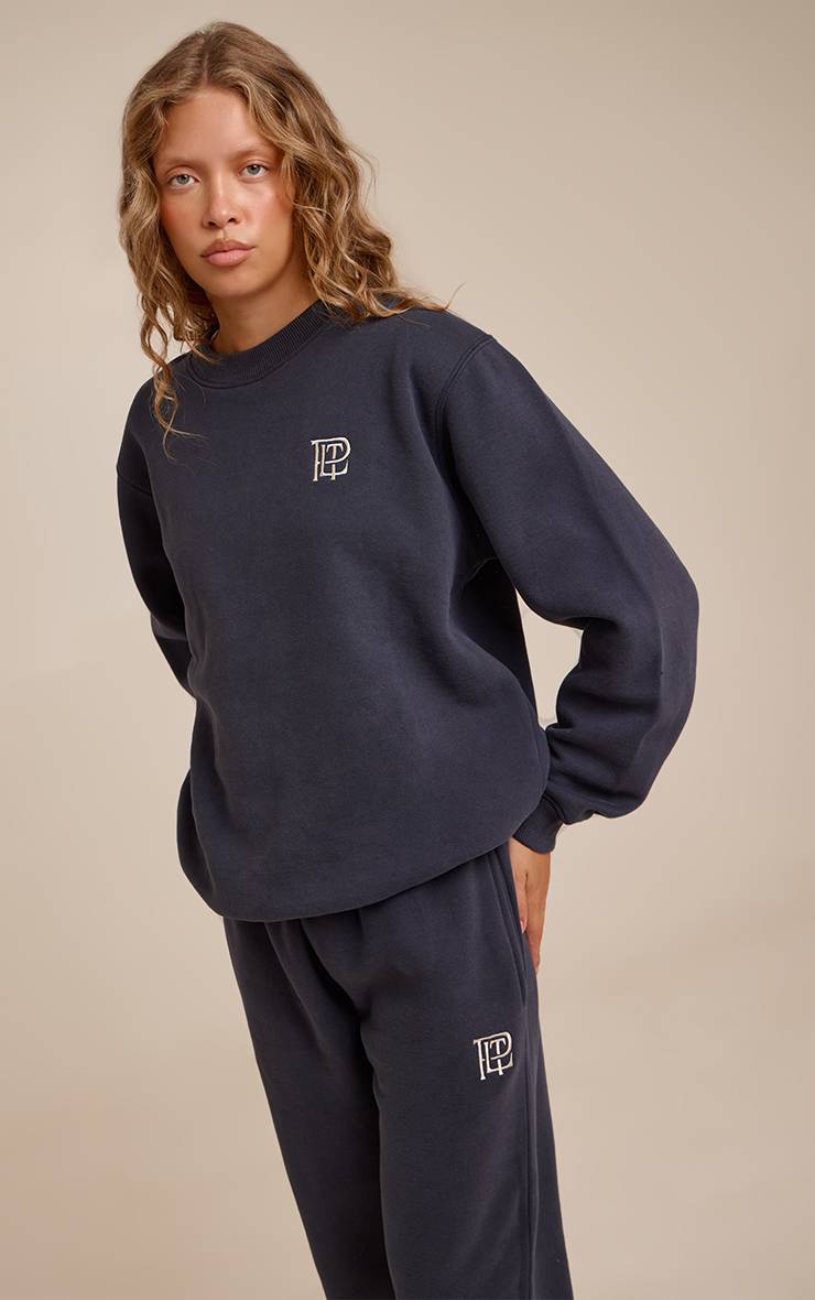 Bleu Marine Sweat-shirt Oversize Col Rond En Molleton De Coton Brodé Plt