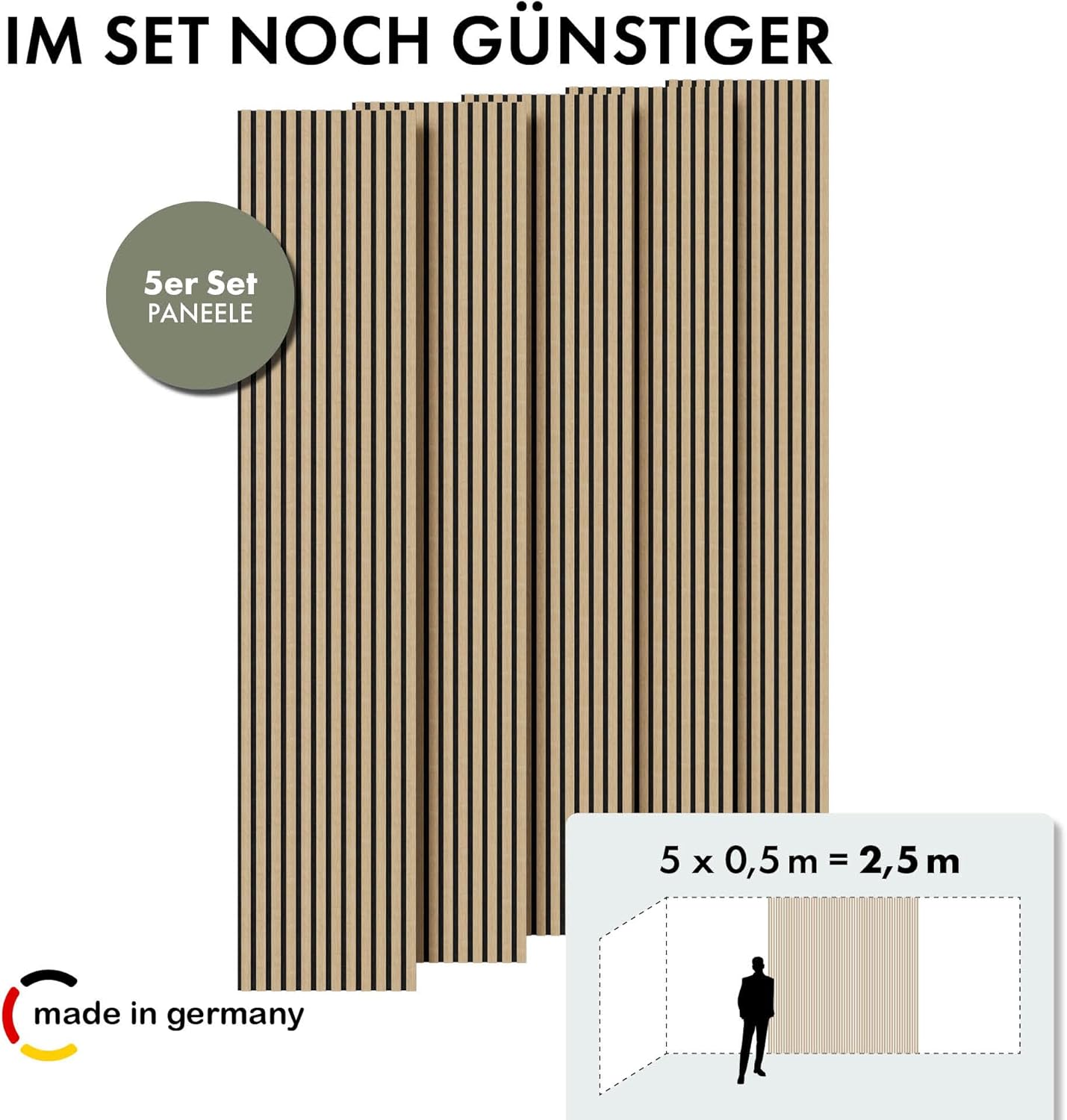 Momento 5 Stück Akustikpaneele Holz 240x50 cm - Made in Germany - Eiche Natur - Wandverkleidung Innen Wandpaneele Holzoptik - 3D Lamellenwand Paneele - Akustik Holzpaneele Wand Holzverkleidung Panel