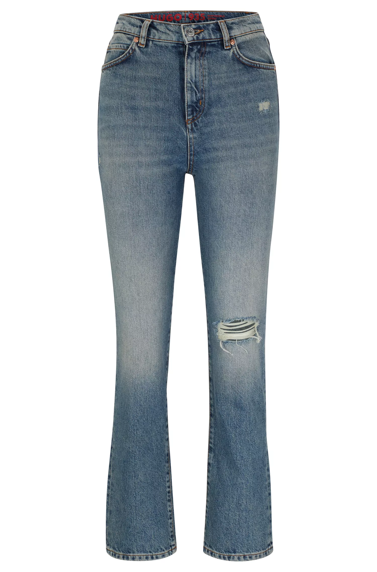 Calça jeans HUGO vermelha, modelagem relaxada, em denim azul-marinho.