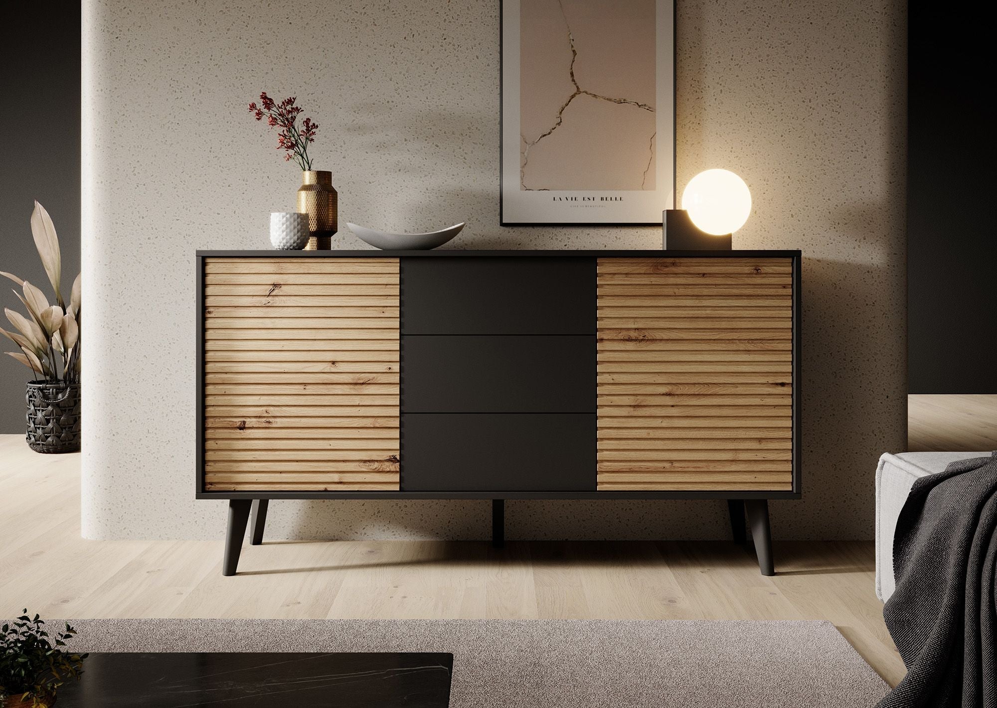 Meubella - Dressoir Palladium - Eiken - Zwart - 154 cm - met lades