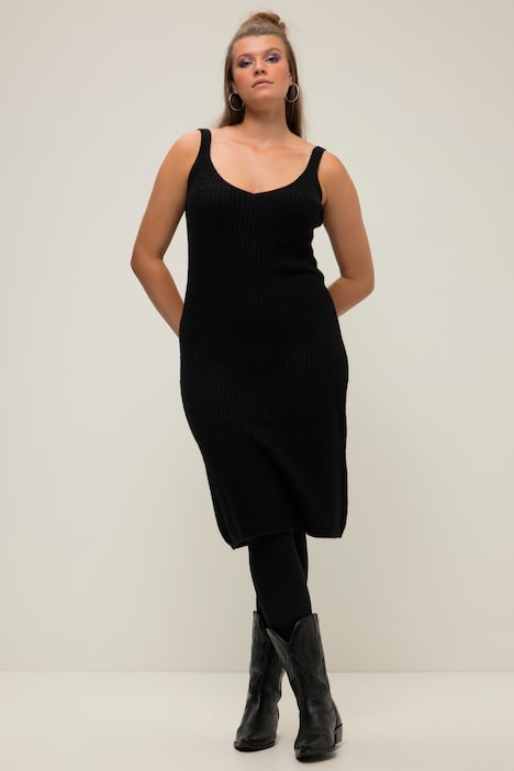 Strickkleid, Straight Shape, Trägerform, V-Ausschnitt, Ripp-Strick