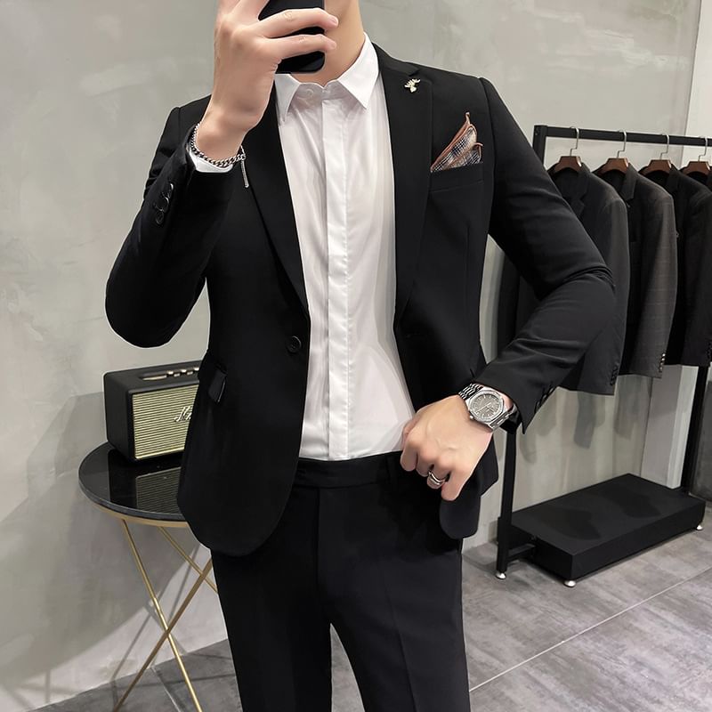 Blueforce - Set: Effen blazer met één knoop + Hoge taille rechte broek