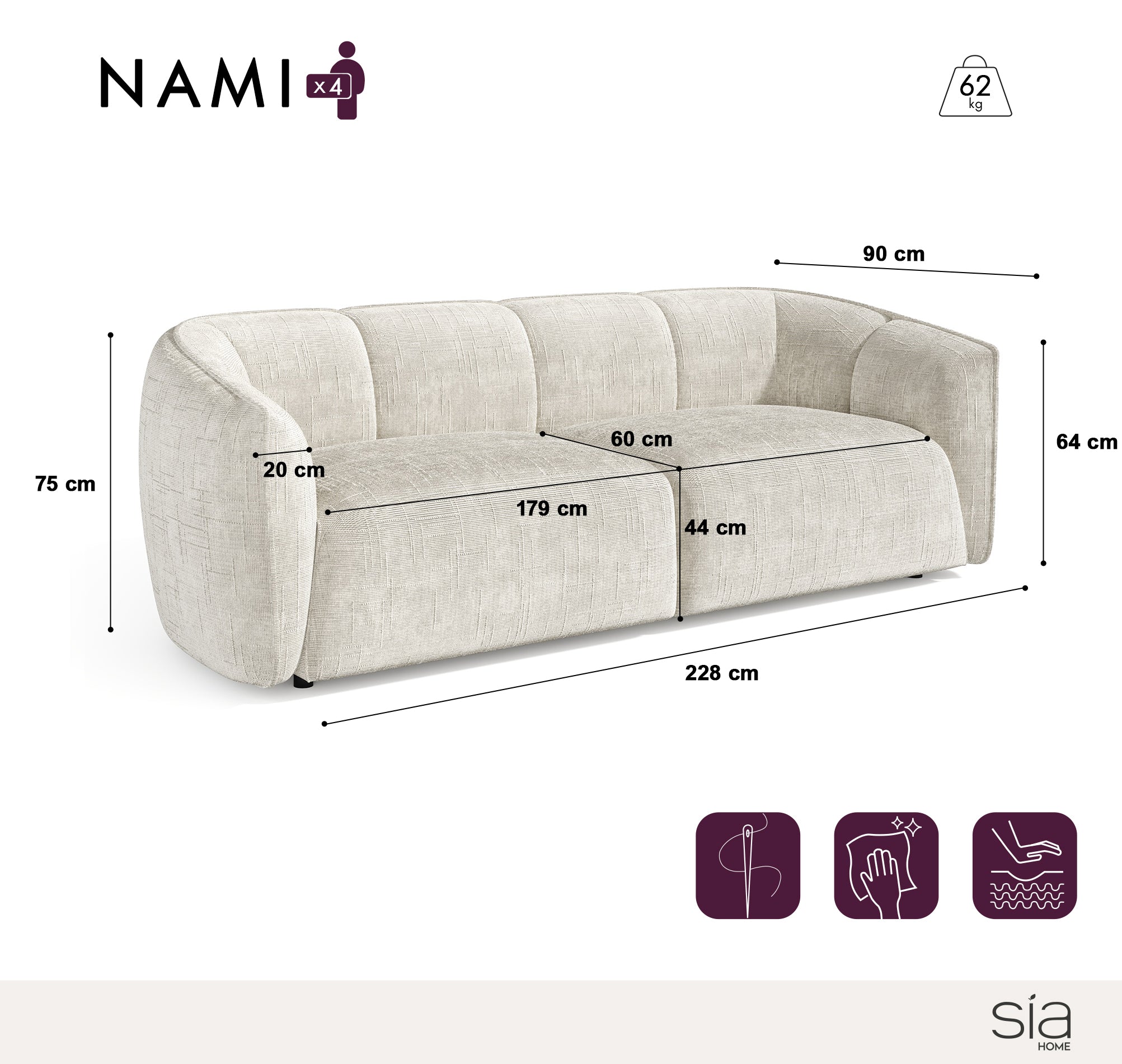 Rechte bank NAMI 4 personen Fluweel weefsel CrÃ¨me