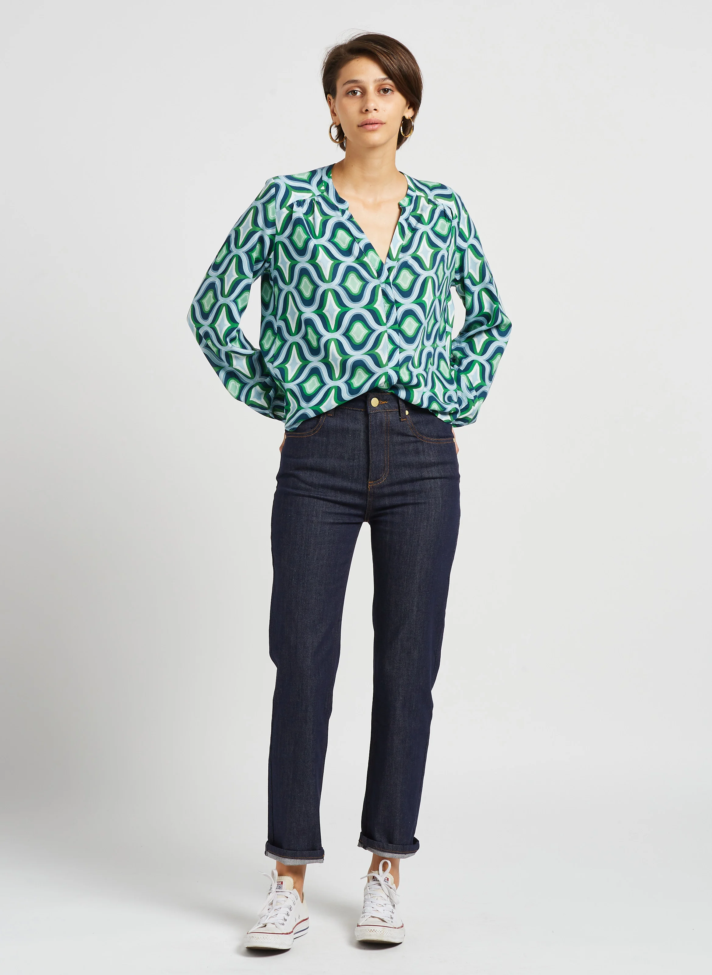 BRIEG - Jean droit taille haute en coton mélangé | Bleu