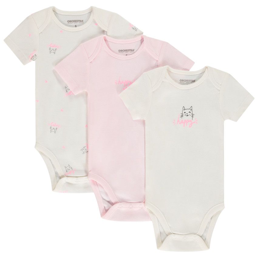 Lot de 3 bodies manches courtes motifs chat pour bébé fille - Ecru