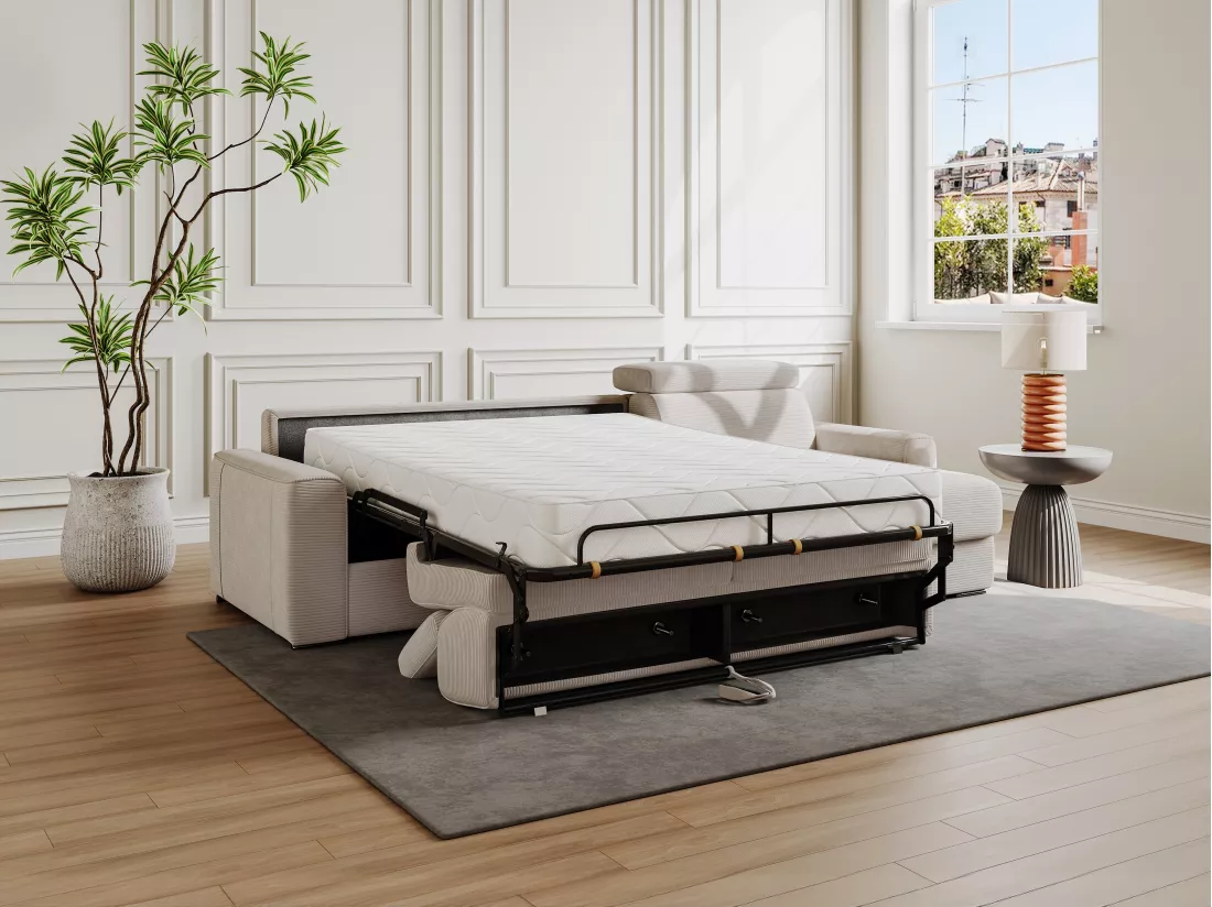 Canapé d'angle réversible convertible express en velours côtelé beige - Couchage à lattes larges 160 cm - Matelas 18 cm - VIZIR