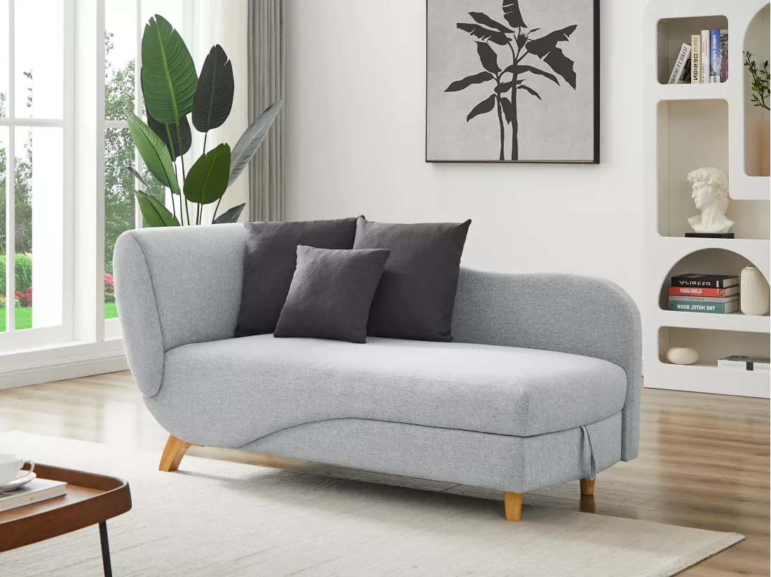 Méridienne droite convertible en tissu gris clair avec coffre de rangement PENELOPE