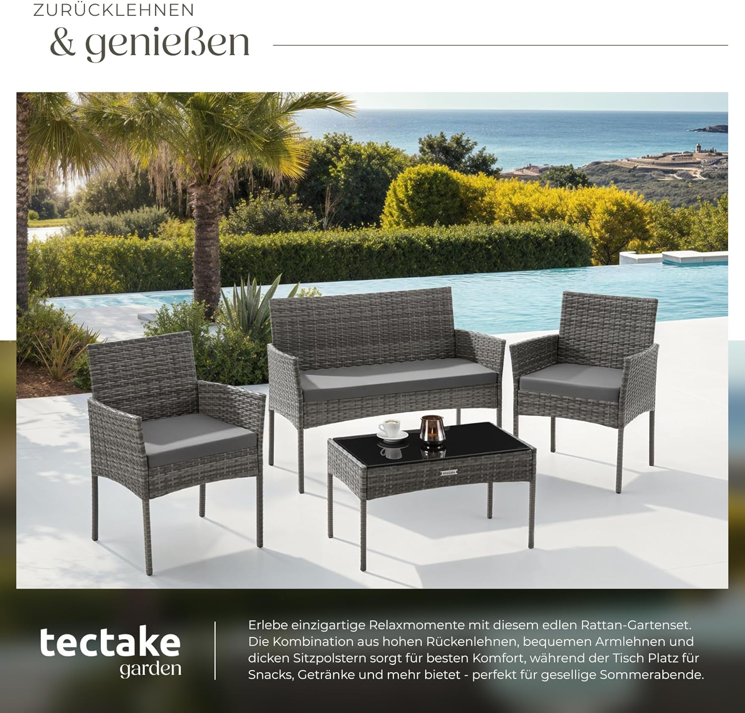 tectake® Rattan Gartenmöbel Set, Outdoor Lounge Möbel,1x Gartenbank, 2X Stuhl, 1x Balkontisch, mit Outdoor Kissen wetterfest, Balkonmöbel Kleiner Balkon, Lounge Gartenmöbel, Terrassenmöbel - grau