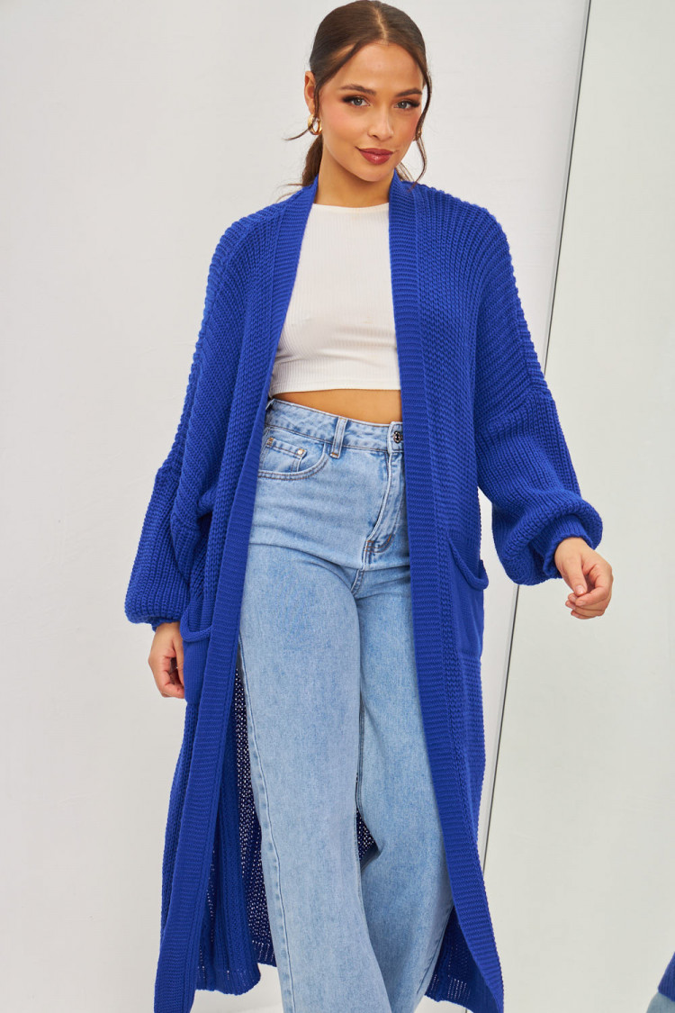 Gilet long bleu électrique en grosses mailles