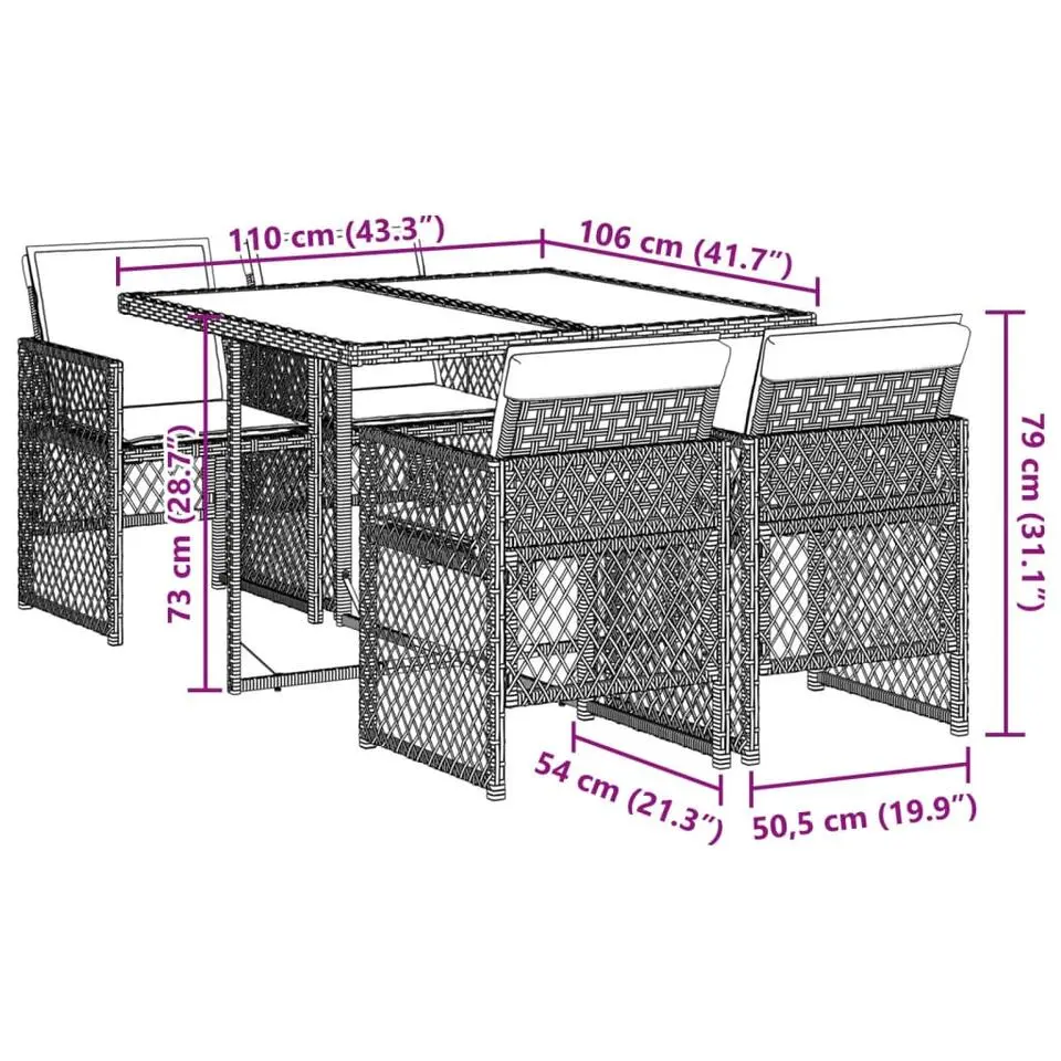 vidaXL - 5-delige Tuinset donkergrijs kussens - Grijs - PE rattan - 110x106 cm