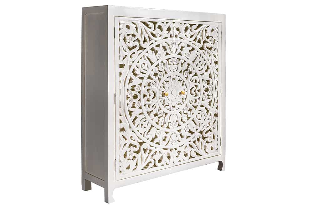 Massives Highboard MARRAKESCH 140cm weiß Mangoholz mit Verzierung handmade