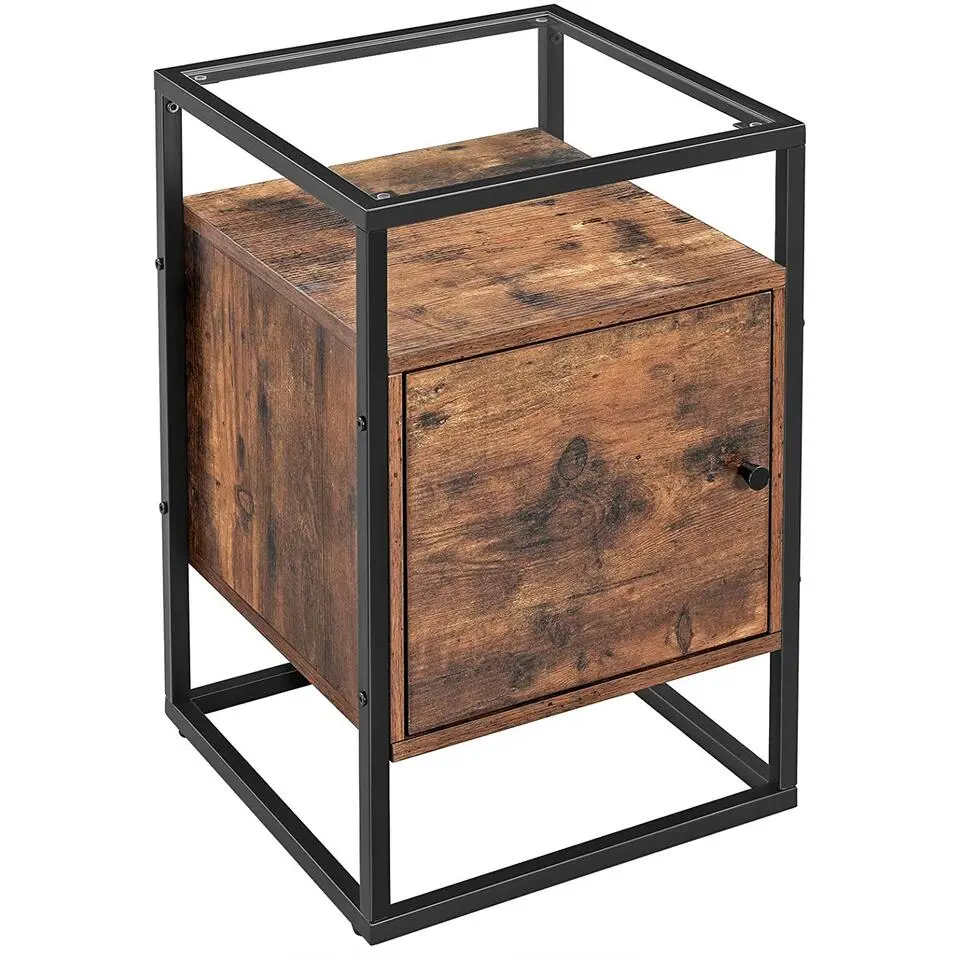 Nachtkastje - uit hout en gehard glas - met kast - industriële stijl - Bruin