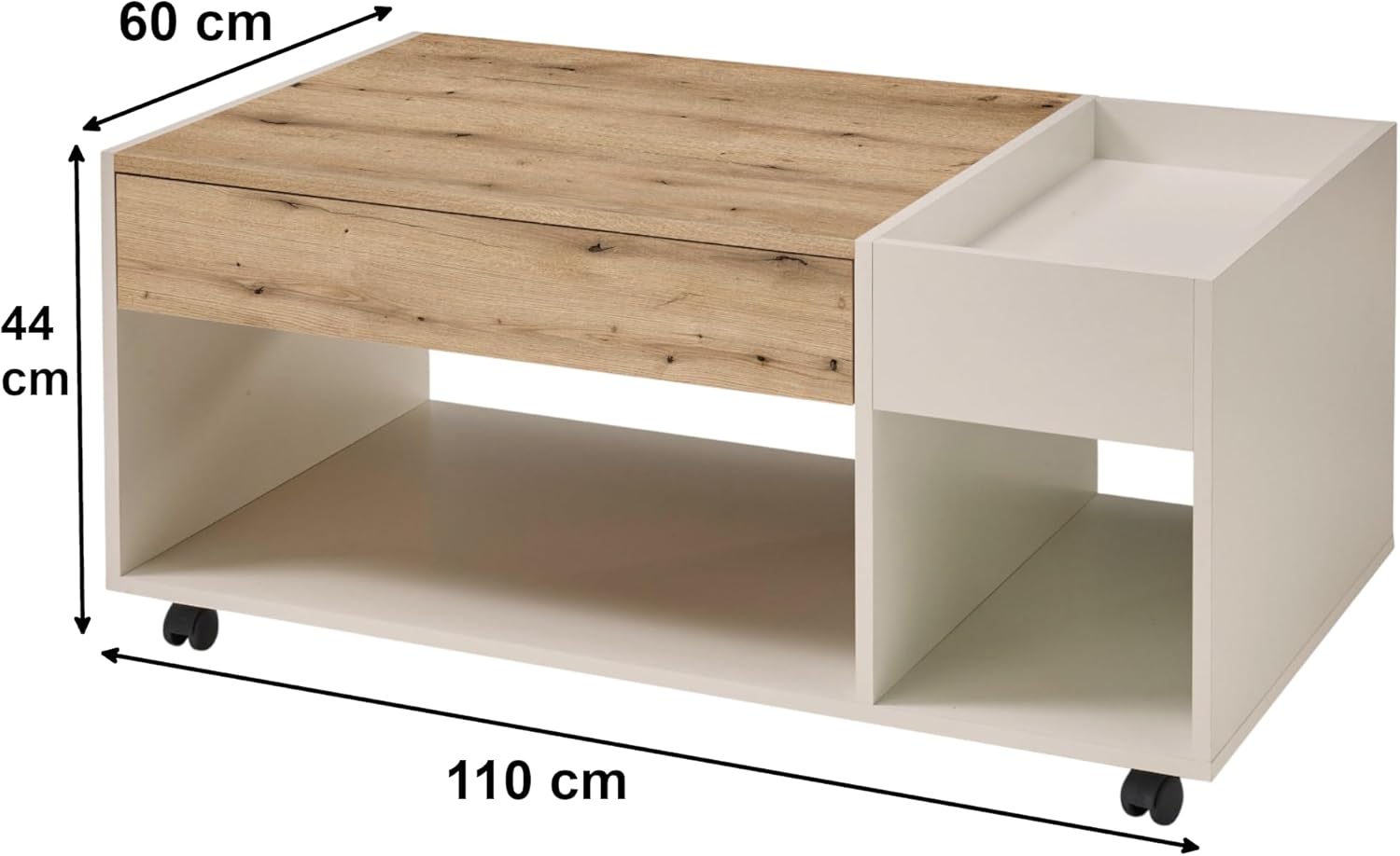 moebel-dich-auf Couchtisch Emilia Kaschmir Dekor, Absetzung Artisan Eiche Dekor, Ink. 4 Rollen, Ablagefach in der Tischplatte