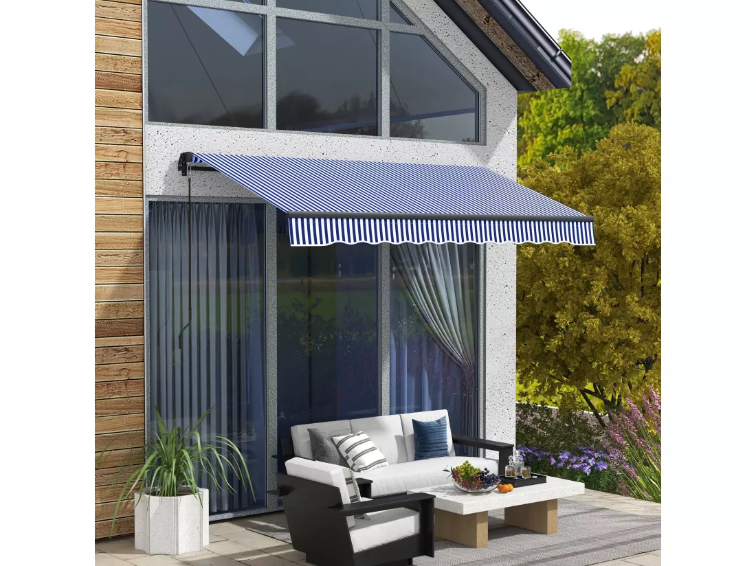 Store banne manuel rétractable inclinaison réglable manivelle alu polyester anti-UV bleu blanc