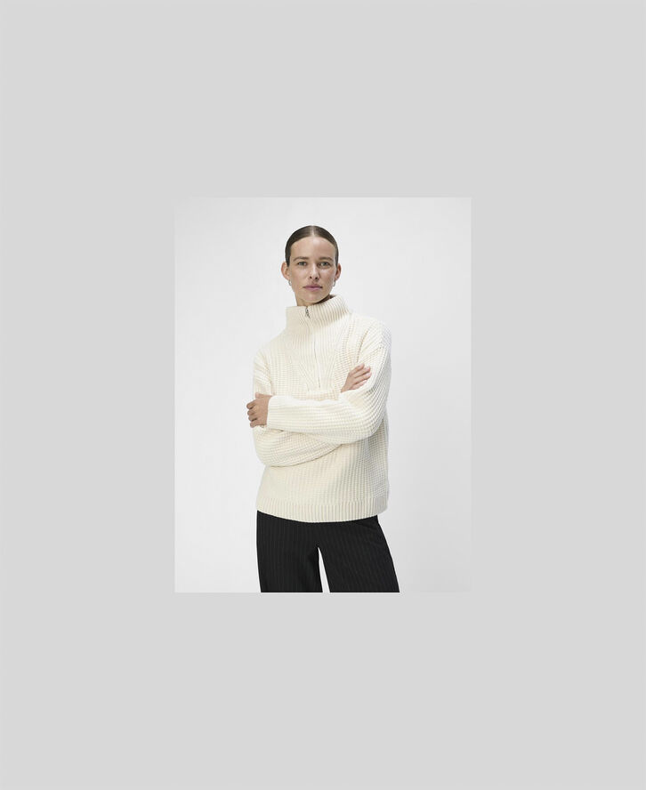 Object OBJTINA KNIT LO L/S ZIP PULLOVER CC White sand/melange