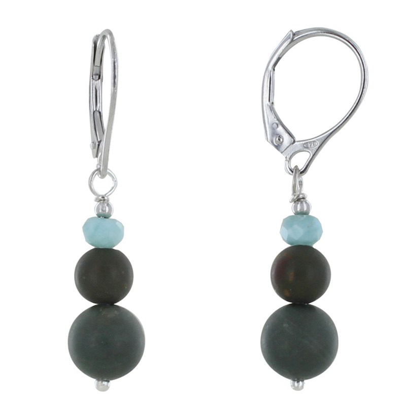 Boucles d'Oreilles Argent Rhodié Dormeuse Anneau Facetté de Larimar et Deux Perles de Jaspe Vert et Marron