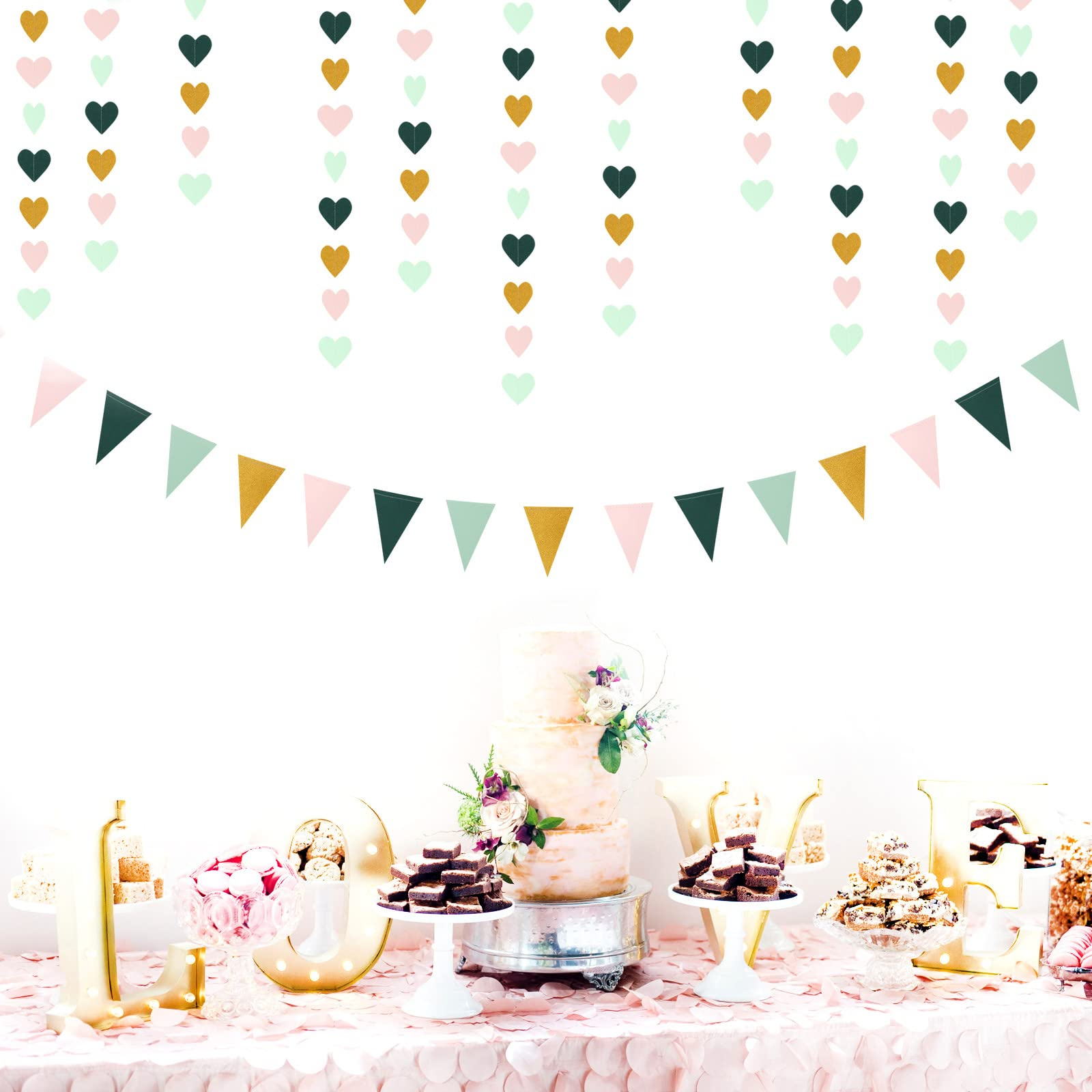 (4m) Herz Girlande Party Dekoration Accessoire Banner - Rosa / Grün / Gold