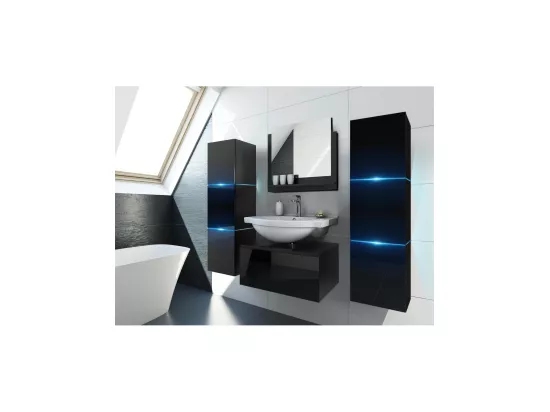 Meuble sous vasque suspendu collection OWL, noir mat et brillant, plaque en verre noir, idéal pour salle de bain