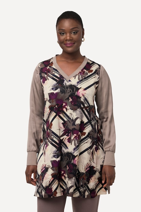Longtunika, Satin, A-Linie, V-Ausschnitt, Langarm