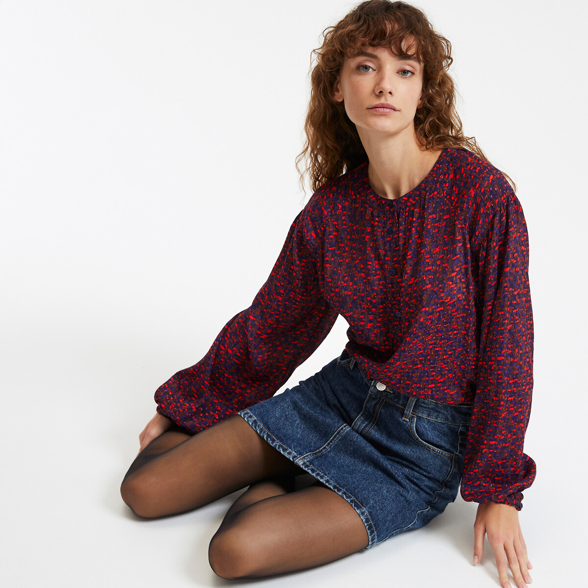 COLEÇÕES LA REDOUTE<br>Blusa estampada com gola Manor e mangas bufantes