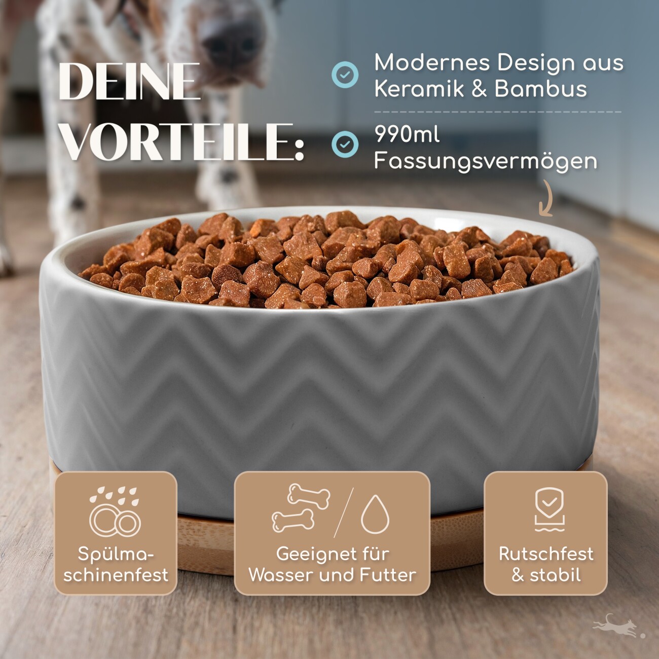 Freudentier Hundenapf aus Keramik mit Bambus-Boden - 990ml Fassungsvermögen grau