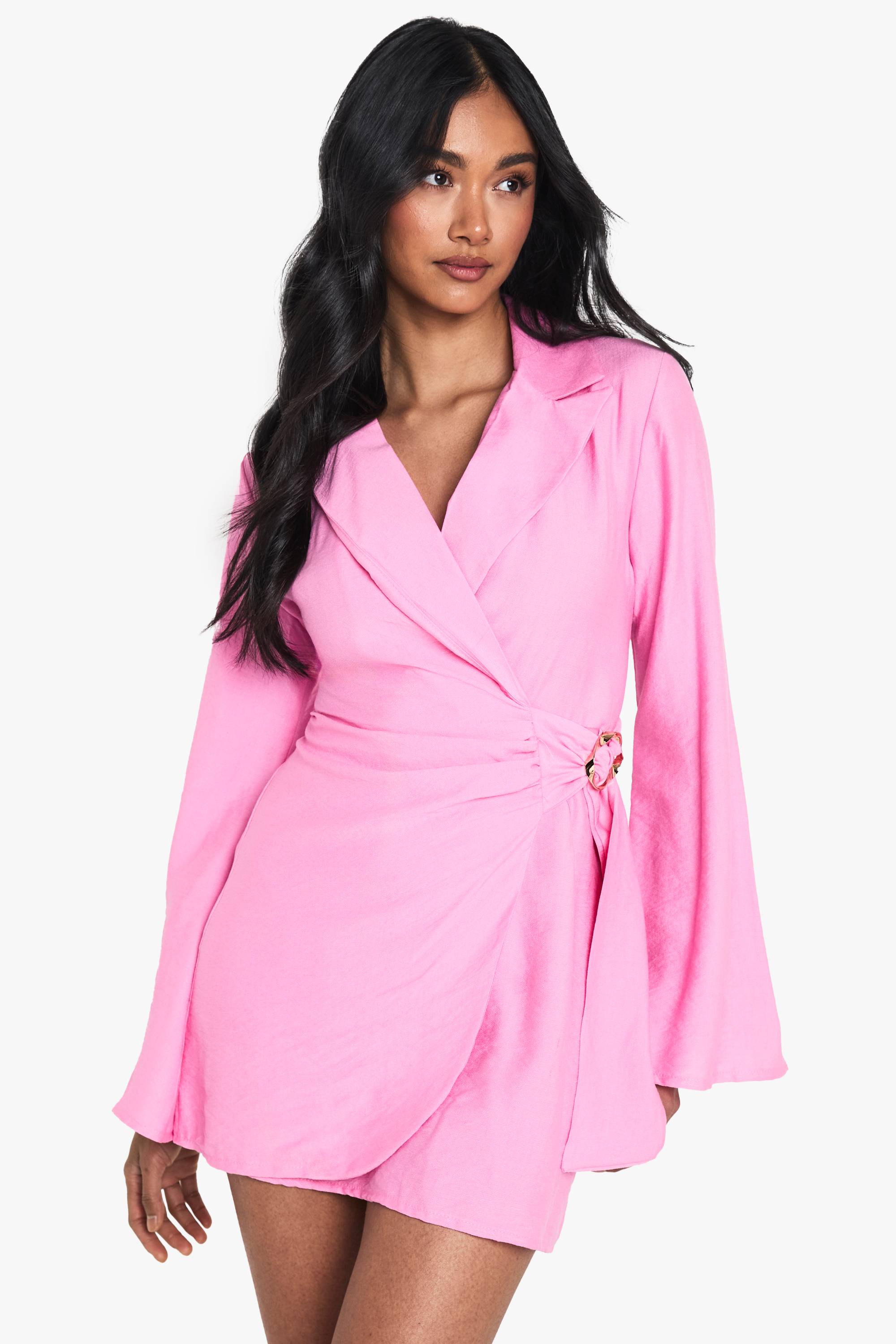 boohoo Linen Look Buckle Detail Tie Waist Tailored Blazer Dress