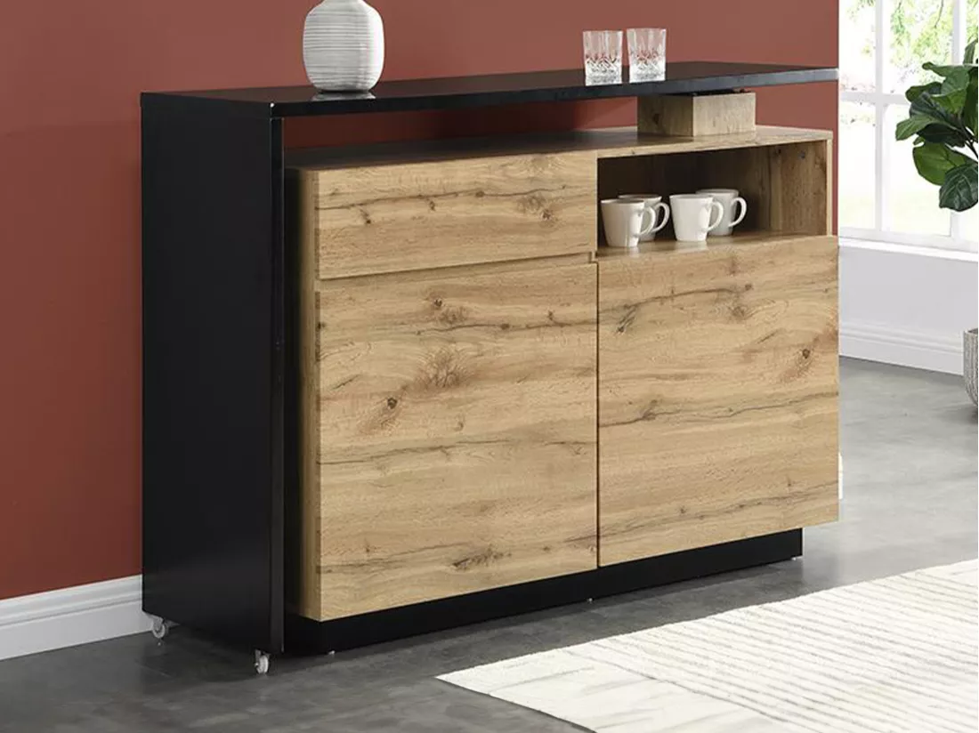 Meuble de bar pivotant avec 2 portes, 1 tiroir et 1 niche en MDF - Naturel et Noir - ELDIR