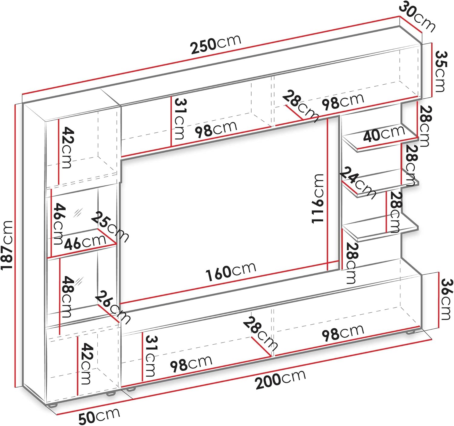 Mirjan24 Wohnwand Lazando, Anbauwand, Mediawand, Schrankwand bestehend aus Hängeschrank, Vitrine, TV-Lowboard und Wandregal (Weiß/Beton, mit weißer LED Beleuchtung)
