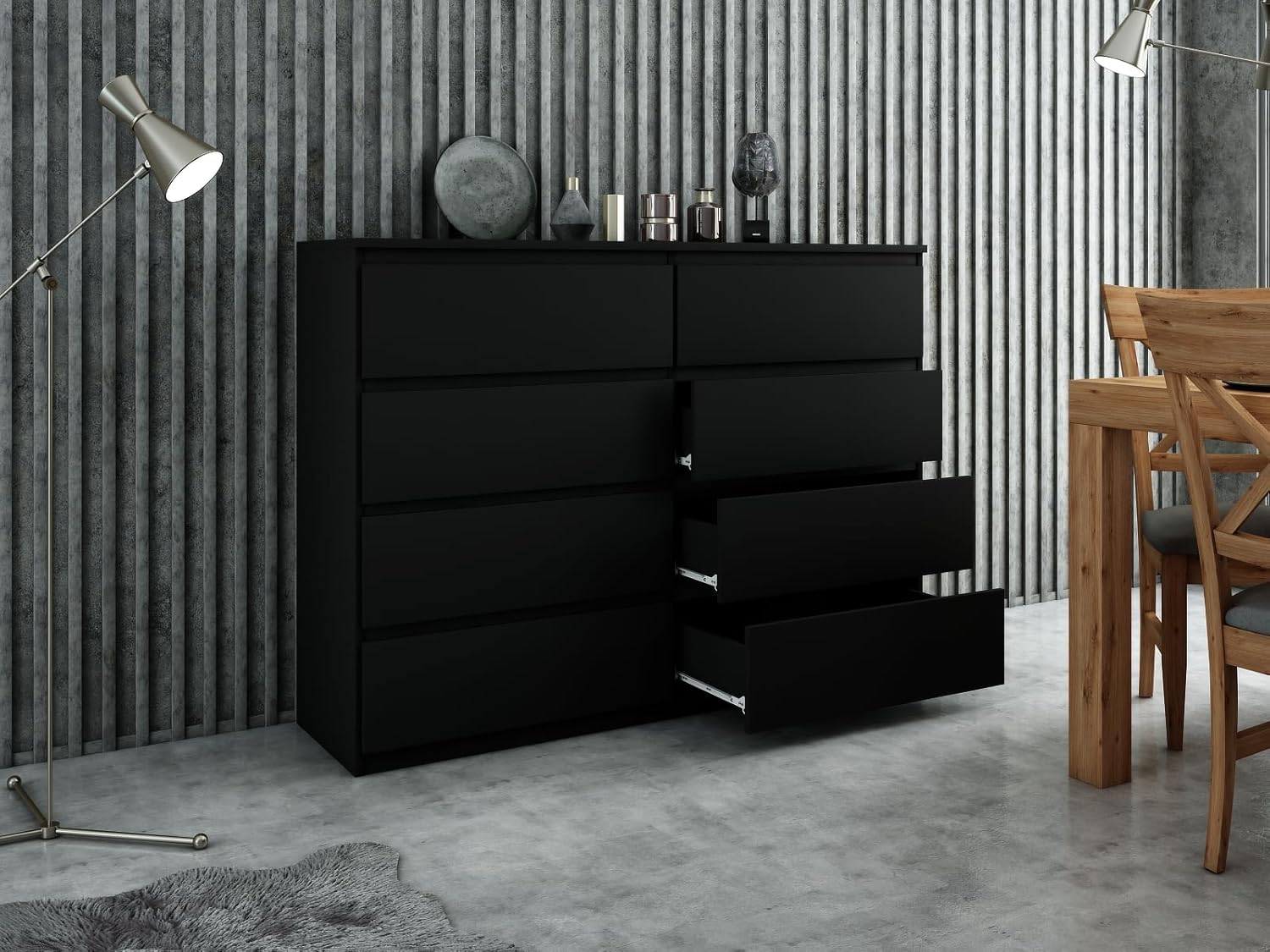 meble masztalerz Kommode Schwarz Matt mit 8 Schubladen - 138,5 x 101,5 x 39 cm - Sideboard Wohnzimmer, Schlafzimmer - Schubladenschrank - Komodenschrank