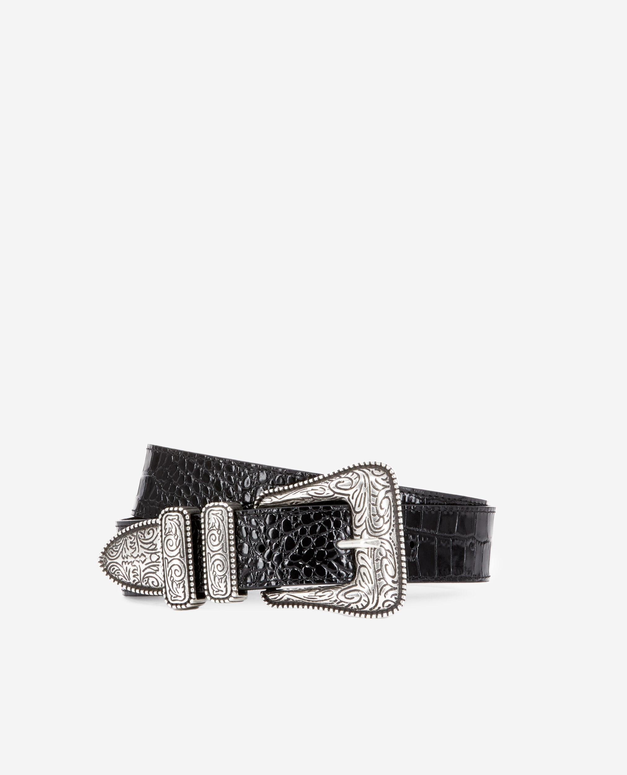 Ceinture en cuir noir effet crocodile avec boucle Western