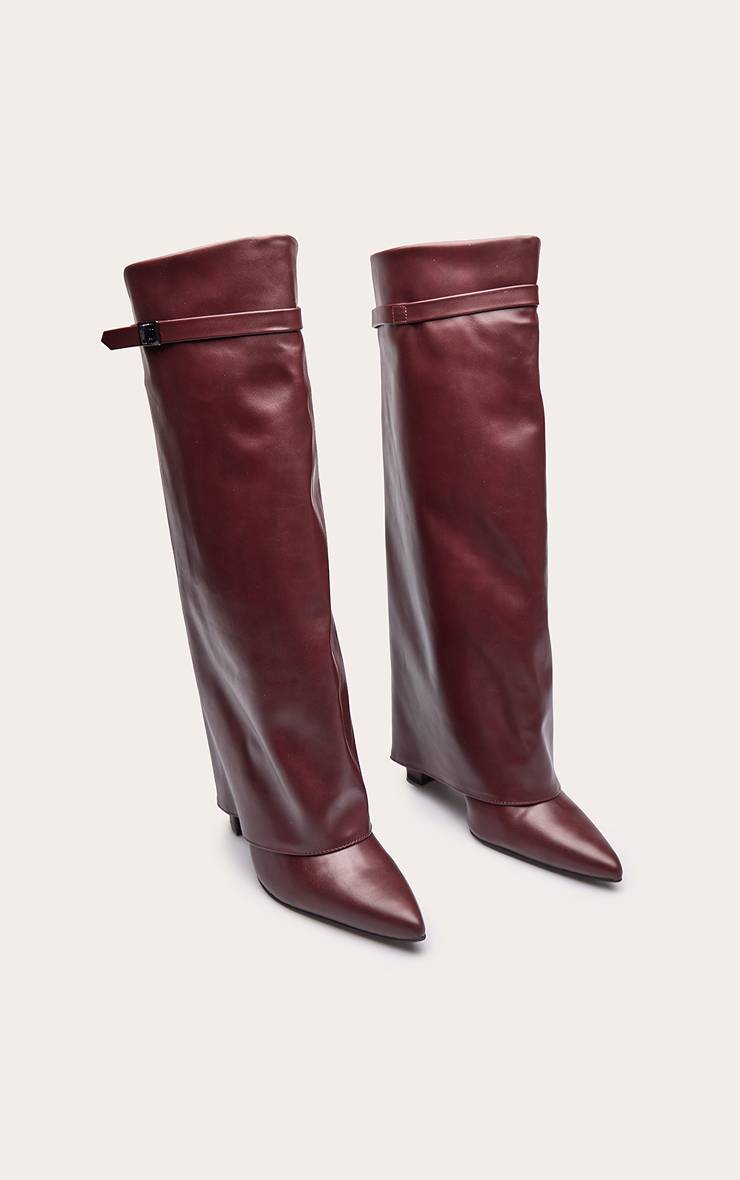Rouge Bordeaux Botte Haute À Talon Bloc Bout Pointu Avec Revers