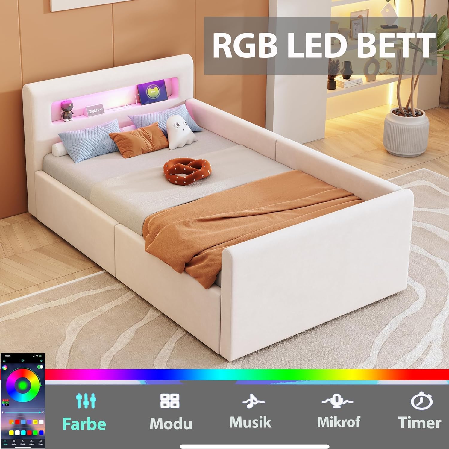 okwish Polsterbett Kinderbett 90x200 cm, Jugendbett mit hydraulischem Stauraum, LED Nachtlicht & USB-Anschluss, Samtstoff, Beige, ohne Matratze