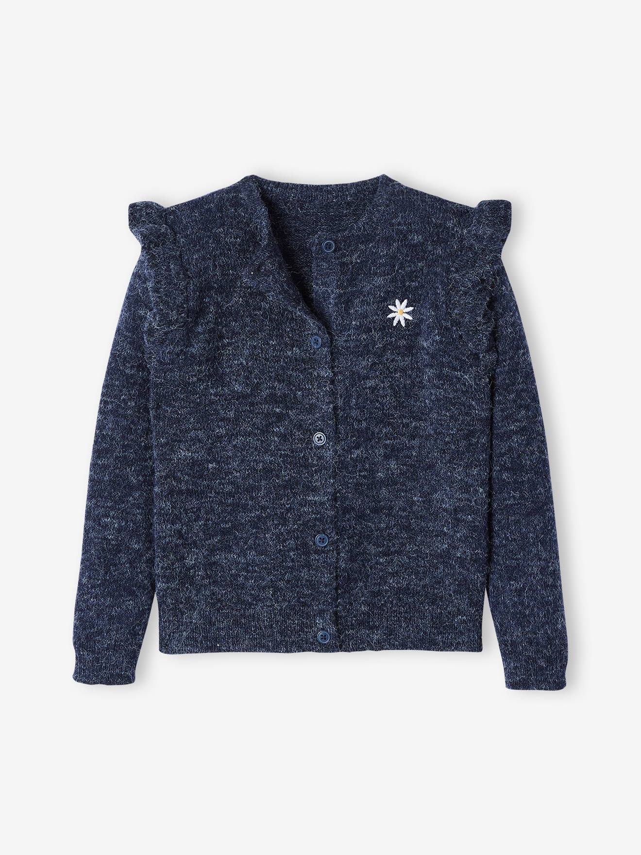 Casaquinho de tricô felpudo com babado, modelo liso azul escuro com estampa de menina.